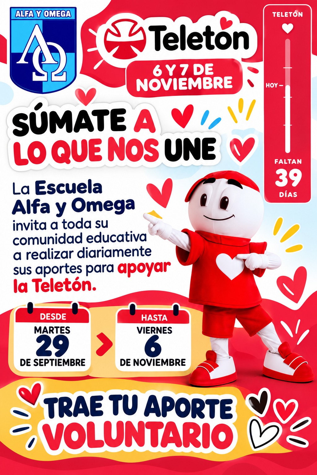 Afiche de la campaña Teletón 2026 de la Escuela Alfa y Omega, con aportes voluntarios hasta el 6 de noviembre
